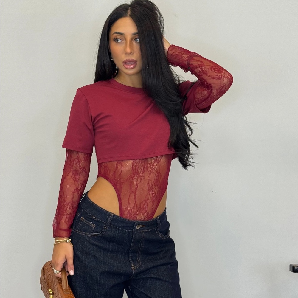 Lace Long Sleeve Bodysuit with Crop Top - Picture 8 of 15